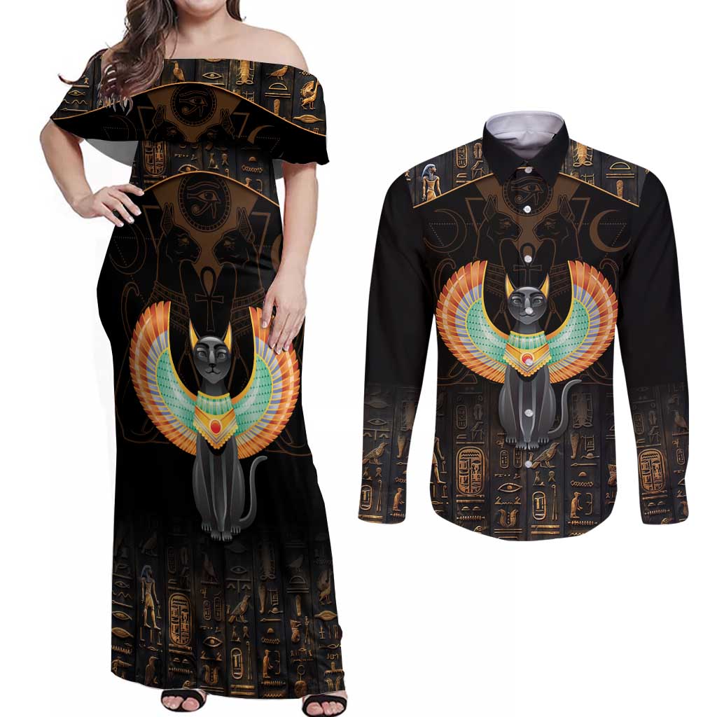 Winged Egypt Cats Couples Matching Off Shoulder Maxi Dress and Long Sleeve Button Shirt Ancient Egypt Culture LT9 - Wonder Print Shop