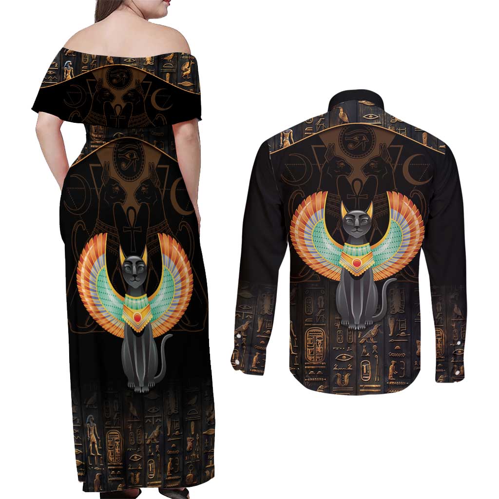 Winged Egypt Cats Couples Matching Off Shoulder Maxi Dress and Long Sleeve Button Shirt Ancient Egypt Culture LT9 - Wonder Print Shop