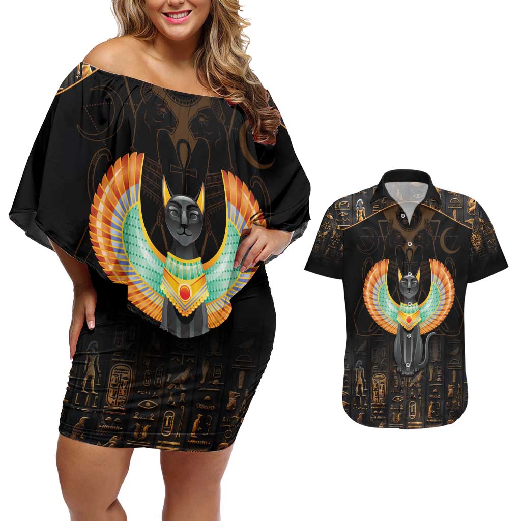 Winged Egypt Cats Couples Matching Off Shoulder Short Dress and Hawaiian Shirt Ancient Egypt Culture LT9 - Wonder Print Shop