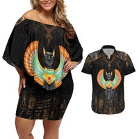Winged Egypt Cats Couples Matching Off Shoulder Short Dress and Hawaiian Shirt Ancient Egypt Culture LT9 - Wonder Print Shop