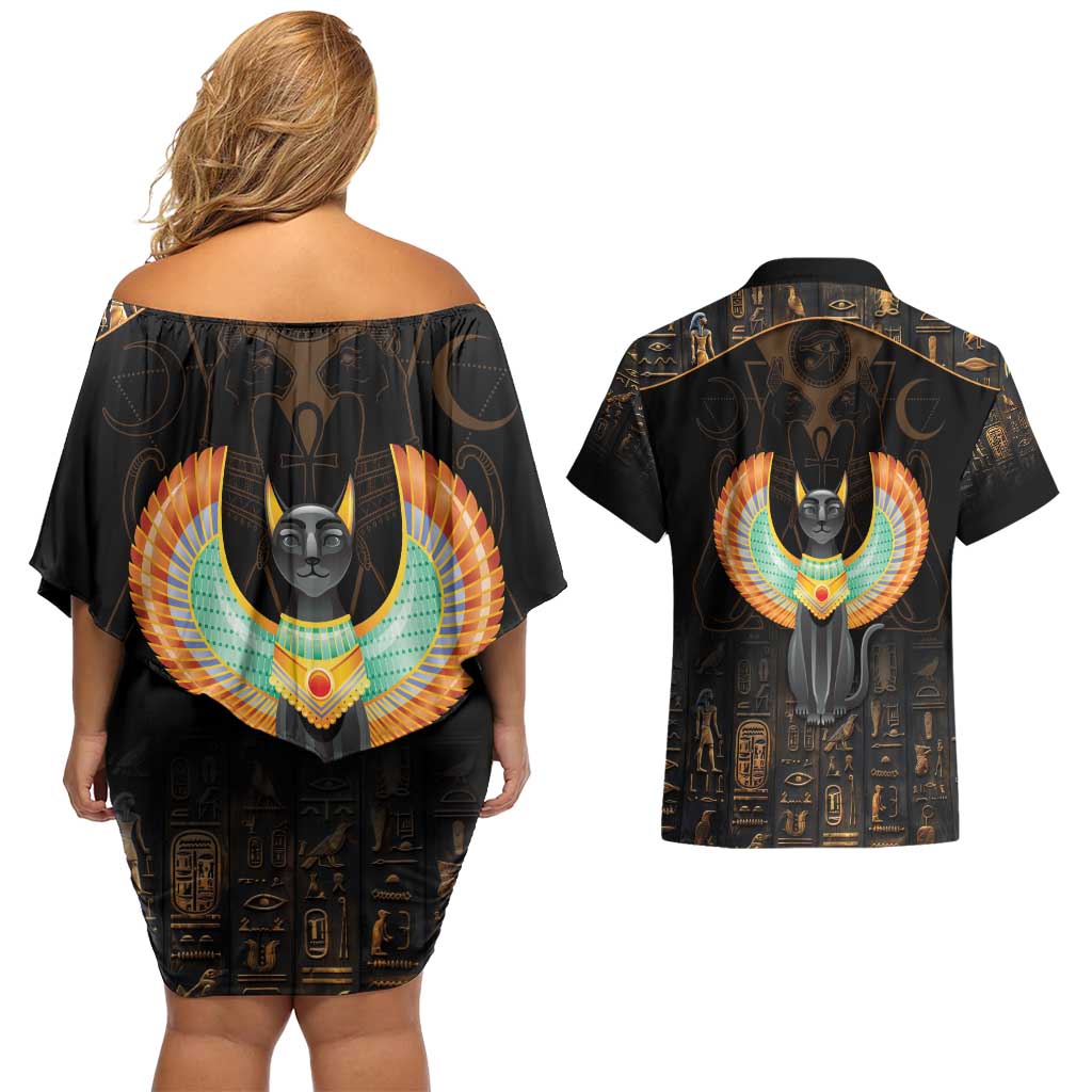 Winged Egypt Cats Couples Matching Off Shoulder Short Dress and Hawaiian Shirt Ancient Egypt Culture LT9 - Wonder Print Shop