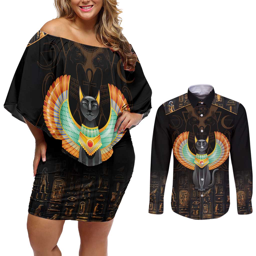 Winged Egypt Cats Couples Matching Off Shoulder Short Dress and Long Sleeve Button Shirt Ancient Egypt Culture LT9 - Wonder Print Shop