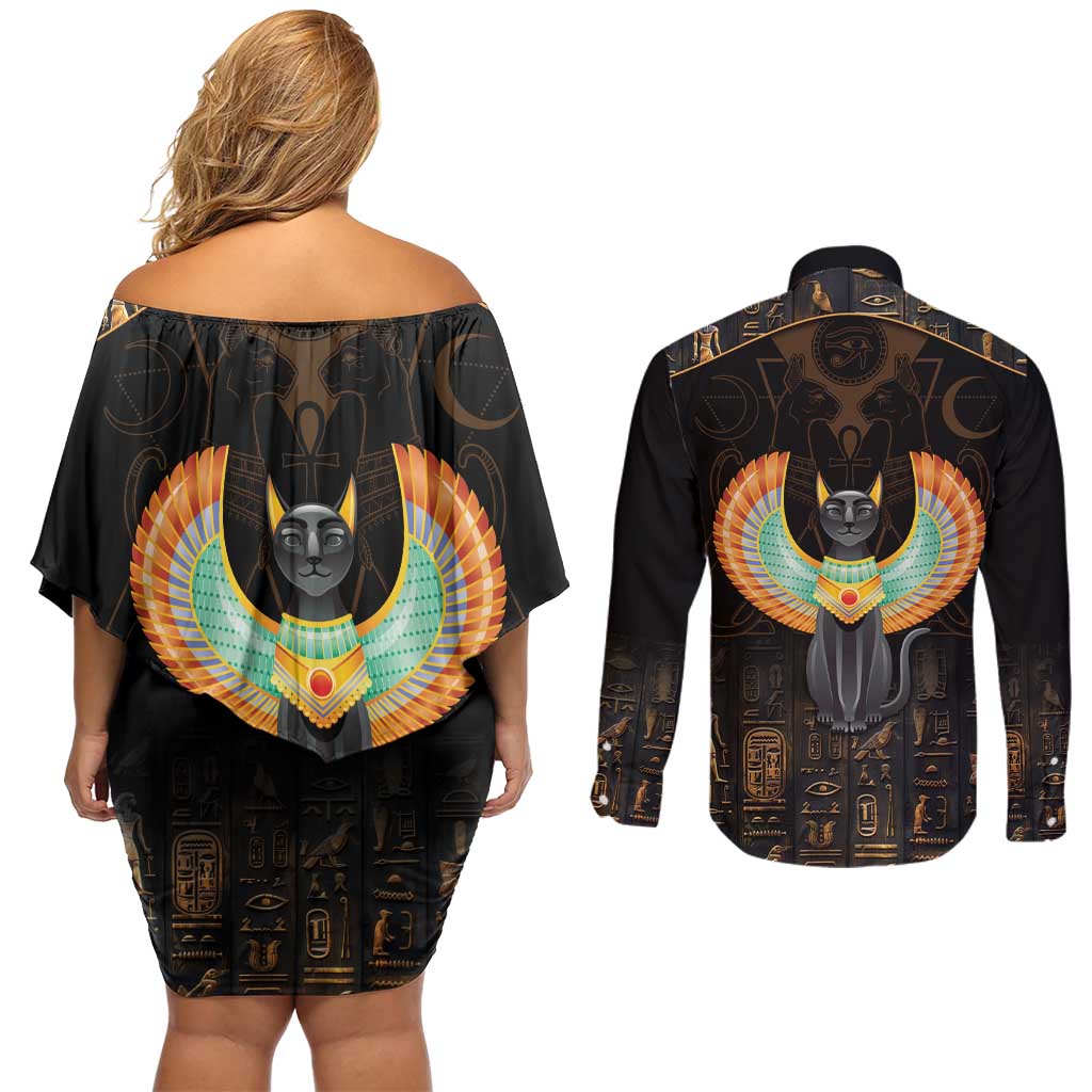 Winged Egypt Cats Couples Matching Off Shoulder Short Dress and Long Sleeve Button Shirt Ancient Egypt Culture LT9 - Wonder Print Shop
