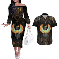 Winged Egypt Cats Couples Matching Off The Shoulder Long Sleeve Dress and Hawaiian Shirt Ancient Egypt Culture LT9 - Wonder Print Shop