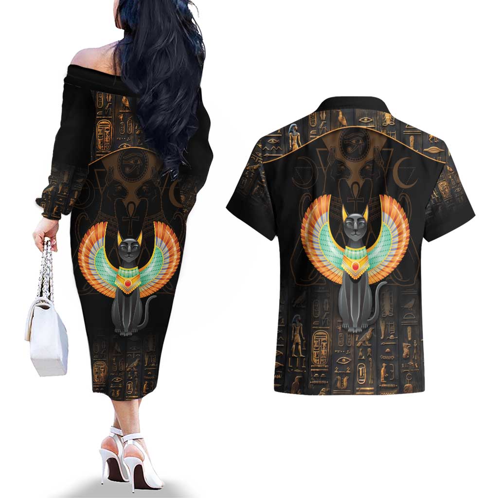 Winged Egypt Cats Couples Matching Off The Shoulder Long Sleeve Dress and Hawaiian Shirt Ancient Egypt Culture LT9 - Wonder Print Shop