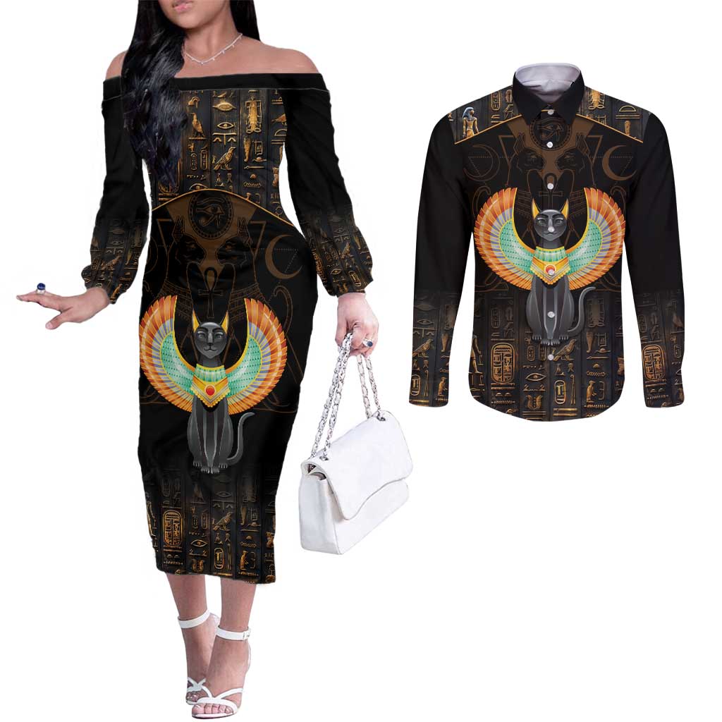 Winged Egypt Cats Couples Matching Off The Shoulder Long Sleeve Dress and Long Sleeve Button Shirt Ancient Egypt Culture