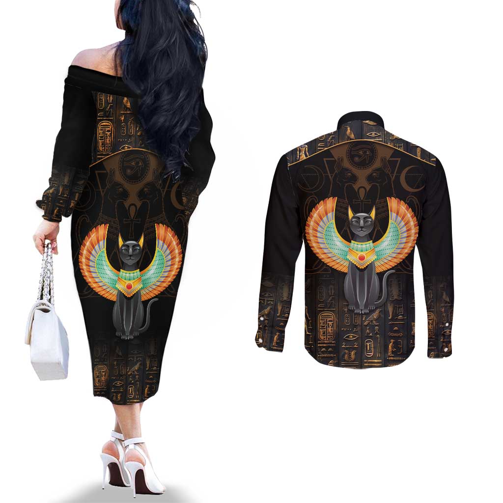 Winged Egypt Cats Couples Matching Off The Shoulder Long Sleeve Dress and Long Sleeve Button Shirt Ancient Egypt Culture