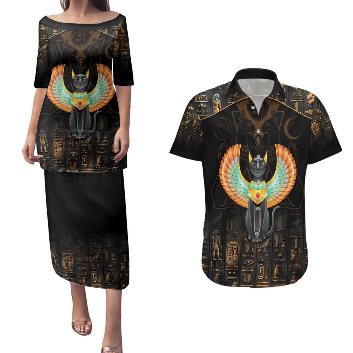 Winged Egypt Cats Couples Matching Puletasi and Hawaiian Shirt Ancient Egypt Culture LT9 - Wonder Print Shop
