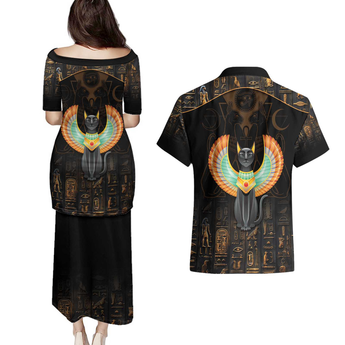 Winged Egypt Cats Couples Matching Puletasi and Hawaiian Shirt Ancient Egypt Culture LT9 - Wonder Print Shop