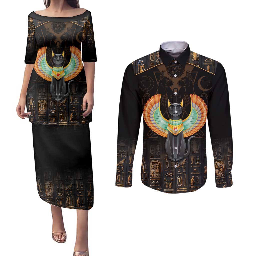 Winged Egypt Cats Couples Matching Puletasi and Long Sleeve Button Shirt Ancient Egypt Culture LT9 - Wonder Print Shop