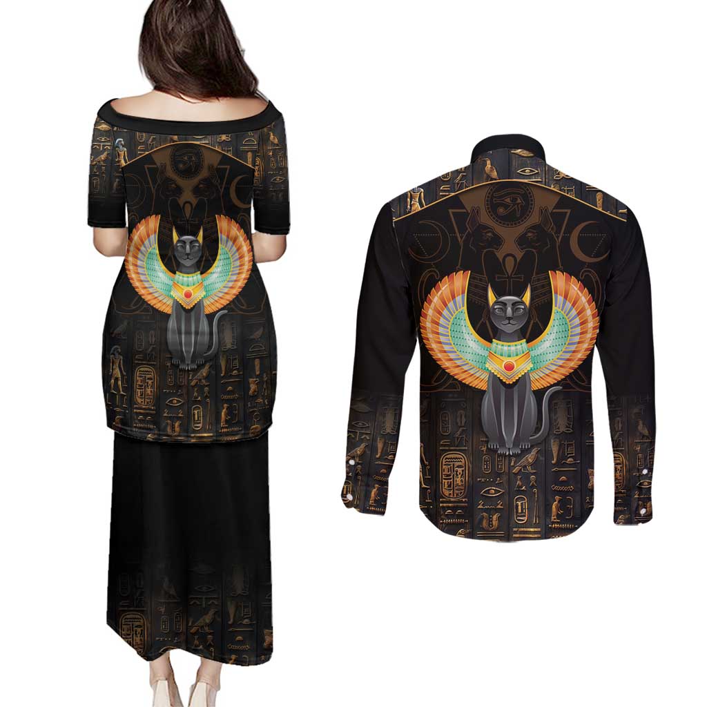 Winged Egypt Cats Couples Matching Puletasi and Long Sleeve Button Shirt Ancient Egypt Culture LT9 - Wonder Print Shop