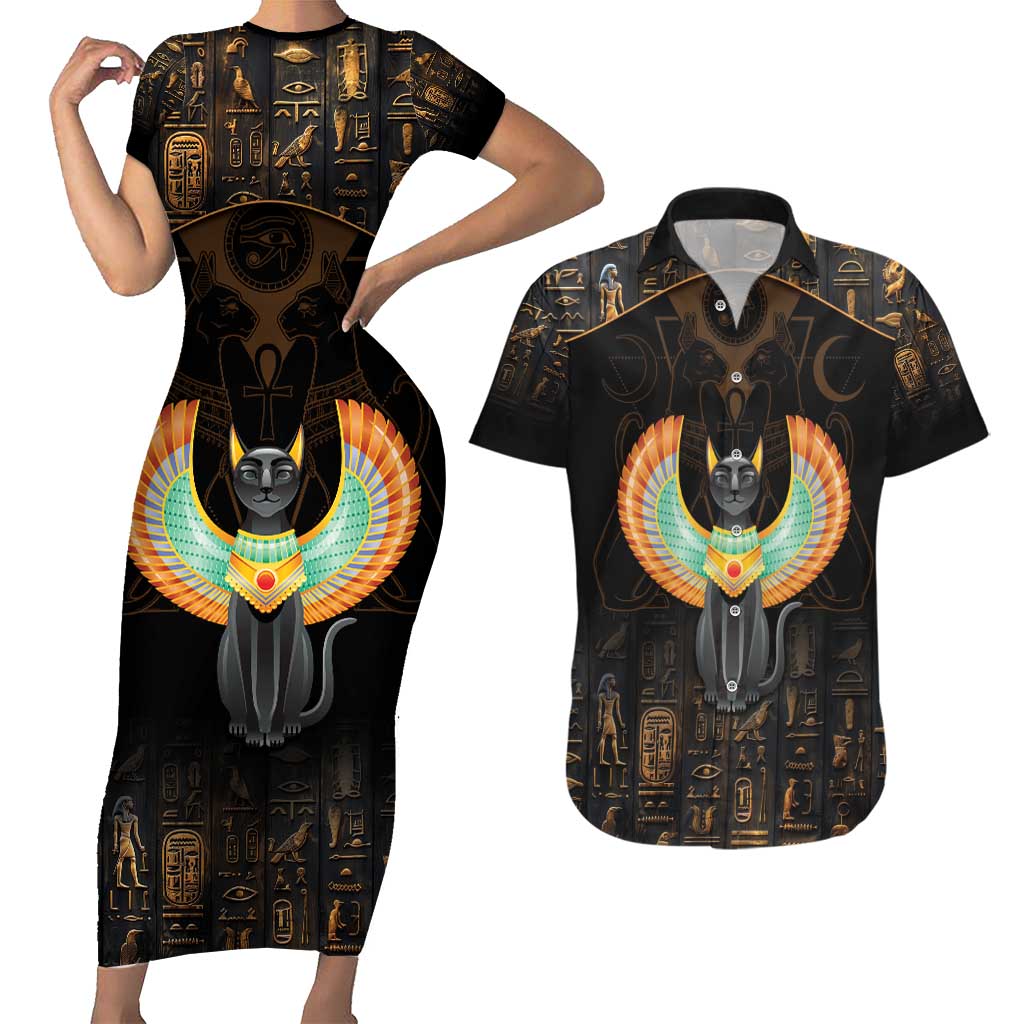Winged Egypt Cats Couples Matching Short Sleeve Bodycon Dress and Hawaiian Shirt Ancient Egypt Culture LT9 - Wonder Print Shop