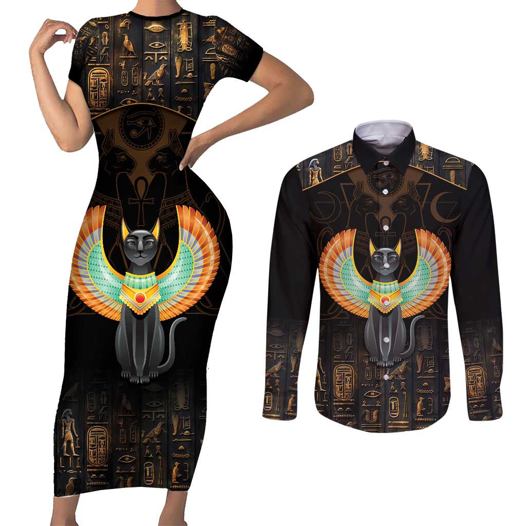 Winged Egypt Cats Couples Matching Short Sleeve Bodycon Dress and Long Sleeve Button Shirt Ancient Egypt Culture LT9 - Wonder Print Shop