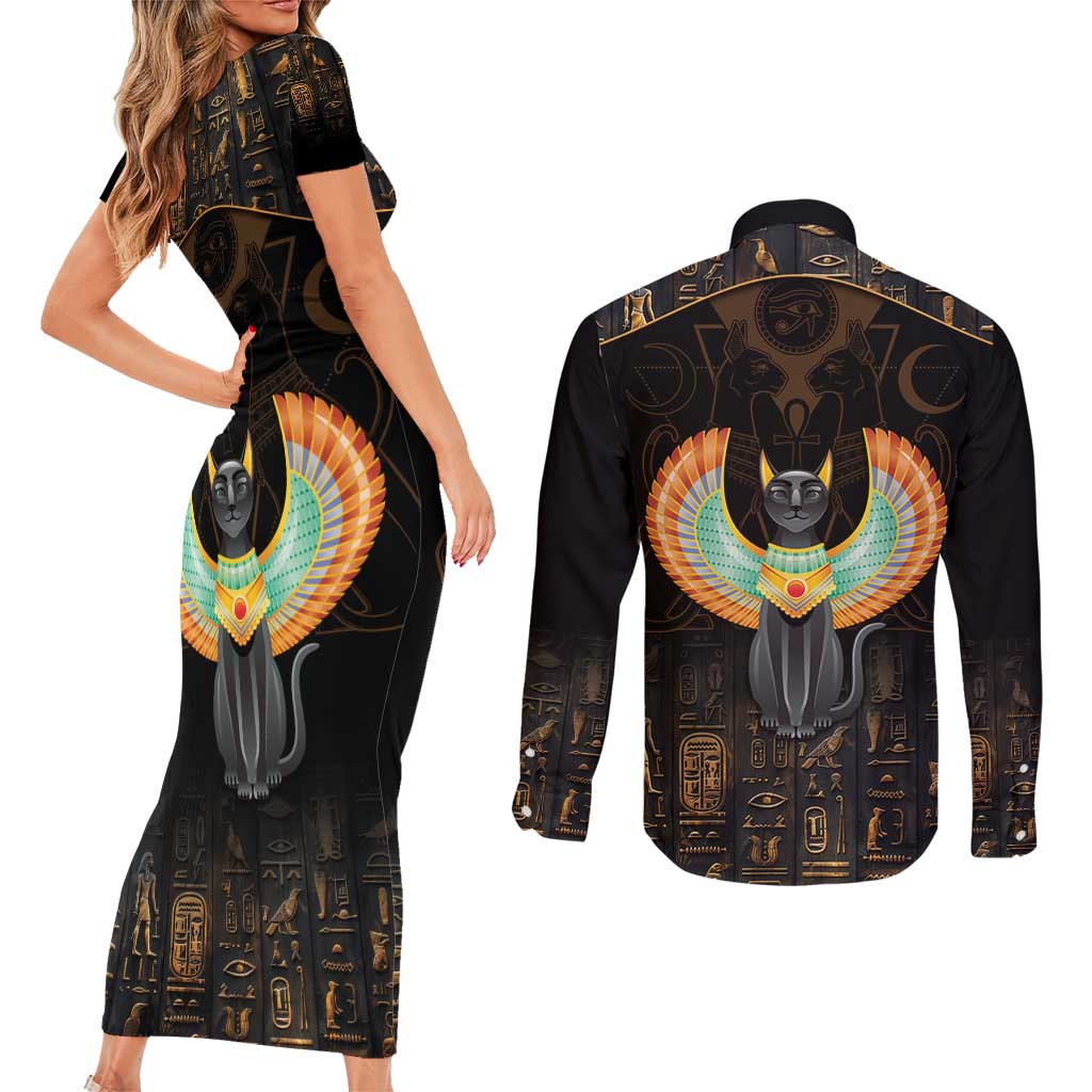 Winged Egypt Cats Couples Matching Short Sleeve Bodycon Dress and Long Sleeve Button Shirt Ancient Egypt Culture LT9 - Wonder Print Shop