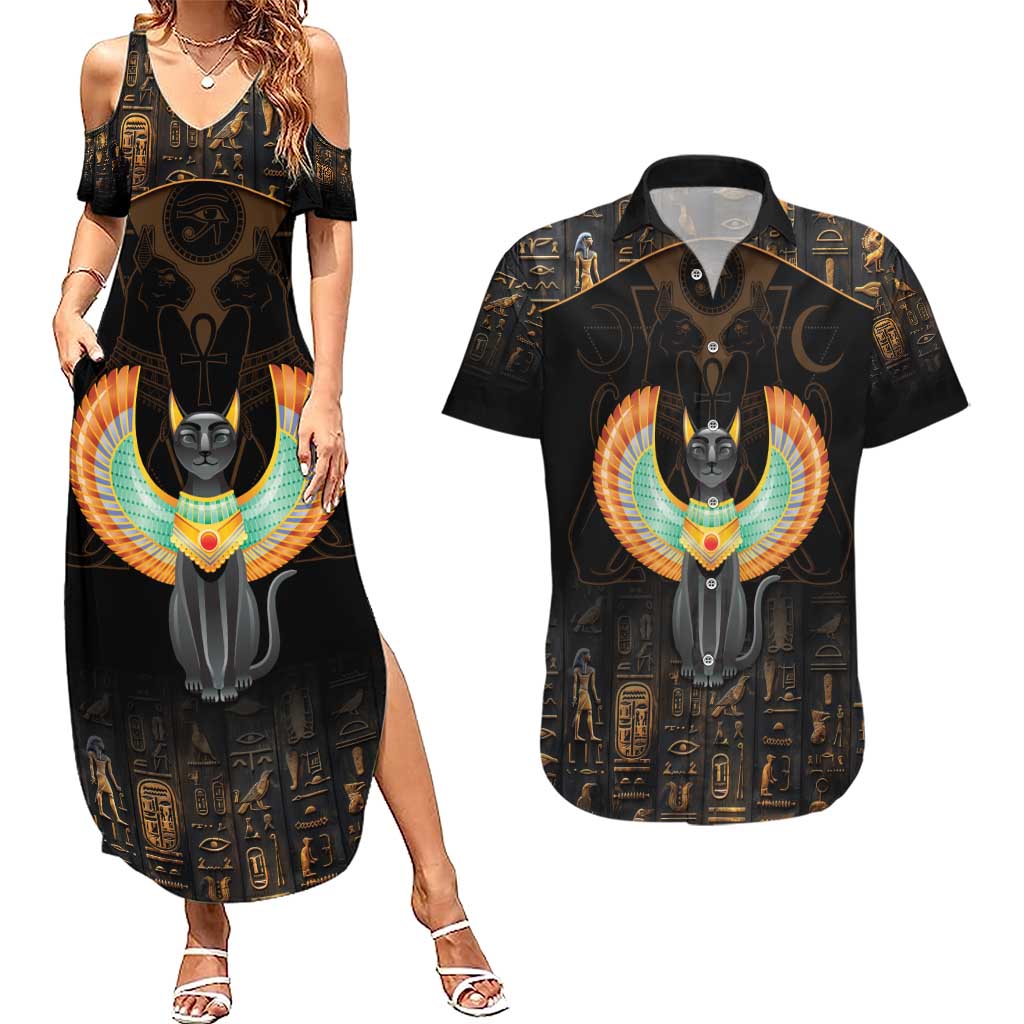 Winged Egypt Cats Couples Matching Summer Maxi Dress and Hawaiian Shirt Ancient Egypt Culture LT9 - Wonder Print Shop