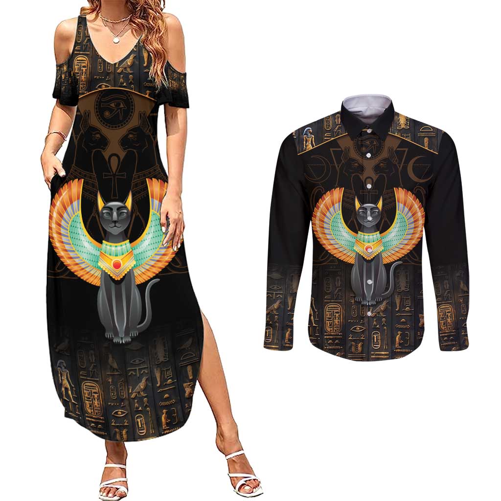 Winged Egypt Cats Couples Matching Summer Maxi Dress and Long Sleeve Button Shirt Ancient Egypt Culture LT9 - Wonder Print Shop