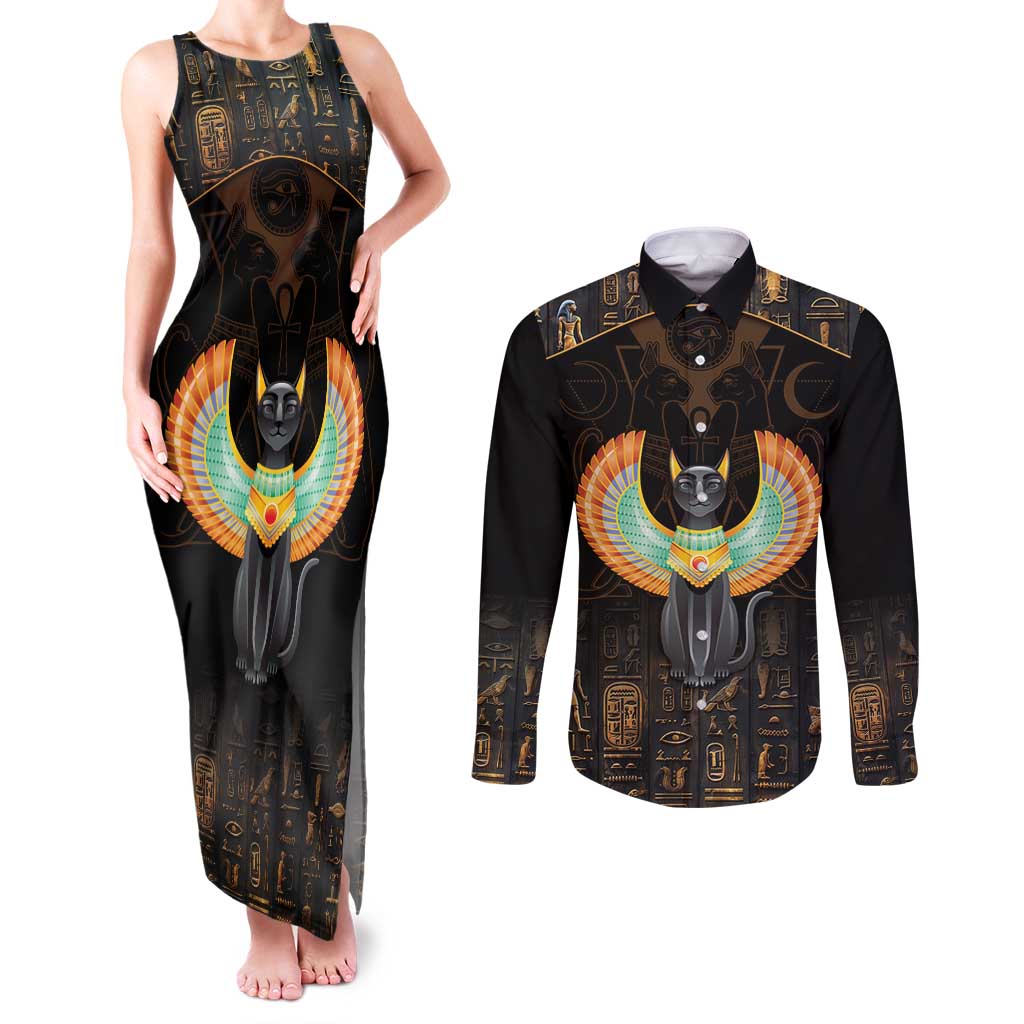 Winged Egypt Cats Couples Matching Tank Maxi Dress and Long Sleeve Button Shirt Ancient Egypt Culture LT9 - Wonder Print Shop