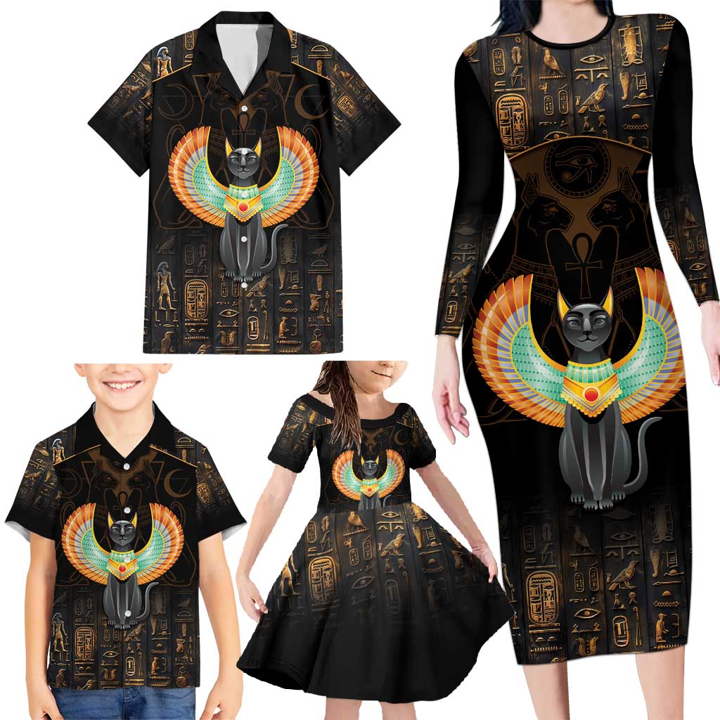 Winged Egypt Cats Family Matching Long Sleeve Bodycon Dress and Hawaiian Shirt Ancient Egypt Culture LT9 - Wonder Print Shop