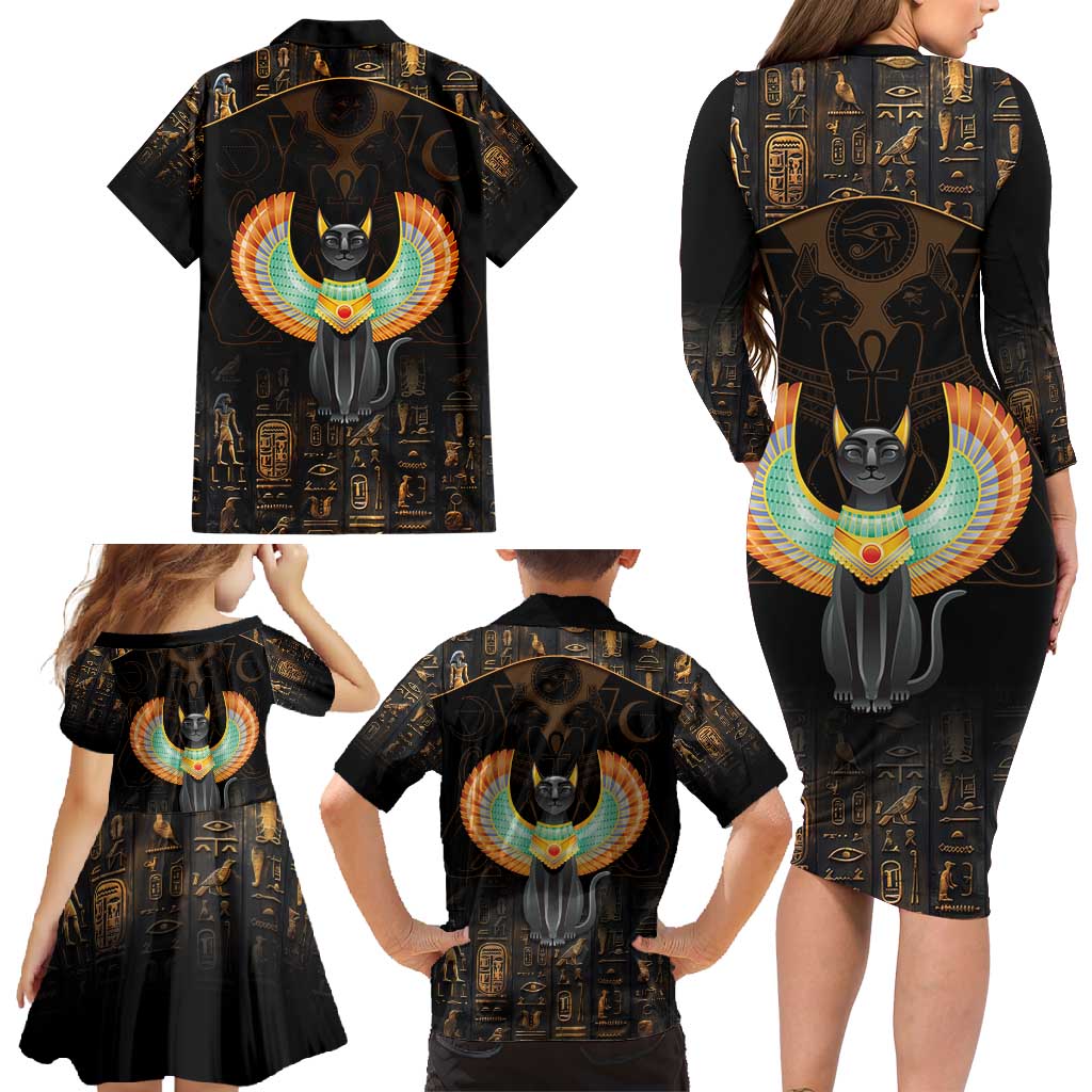 Winged Egypt Cats Family Matching Long Sleeve Bodycon Dress and Hawaiian Shirt Ancient Egypt Culture LT9 - Wonder Print Shop