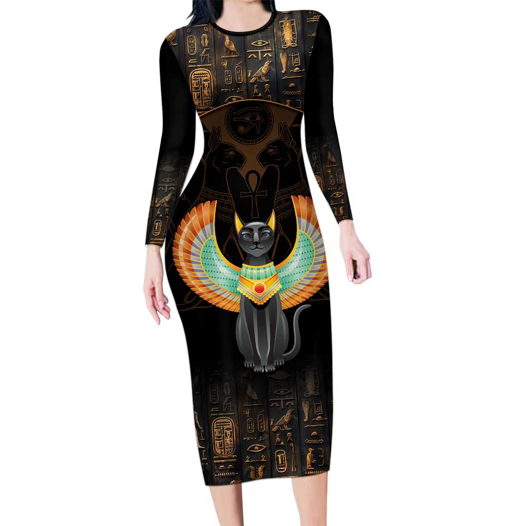 Winged Egypt Cats Family Matching Long Sleeve Bodycon Dress and Hawaiian Shirt Ancient Egypt Culture LT9 - Wonder Print Shop