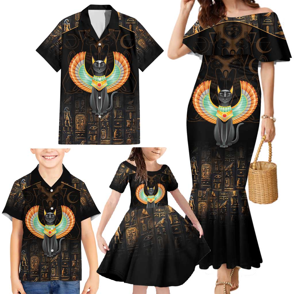 Winged Egypt Cats Family Matching Mermaid Dress and Hawaiian Shirt Ancient Egypt Culture LT9 - Wonder Print Shop