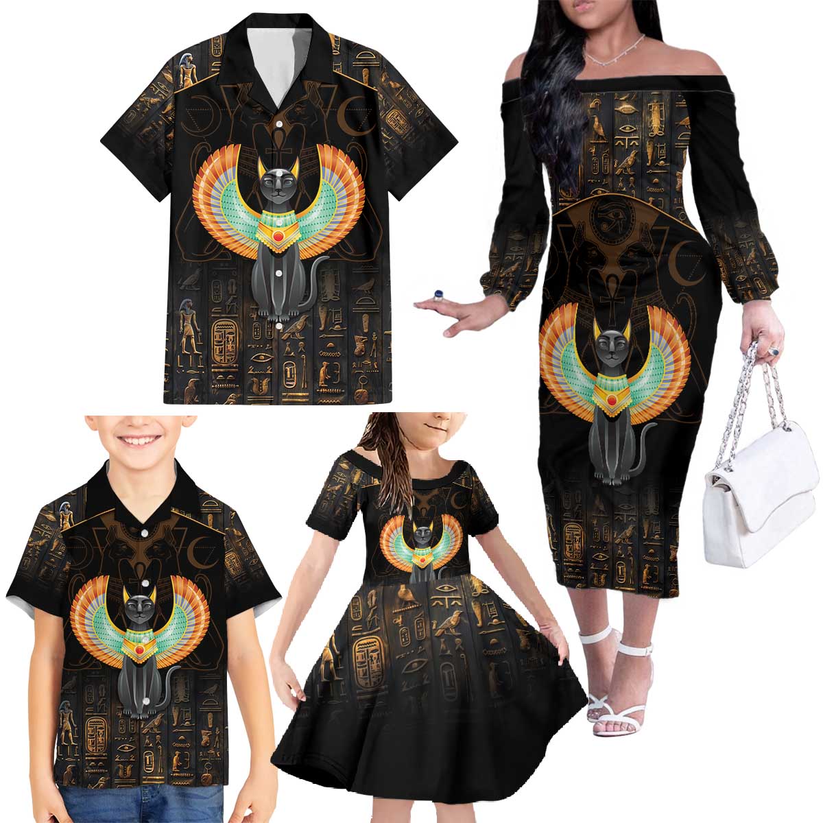 Winged Egypt Cats Family Matching Off The Shoulder Long Sleeve Dress and Hawaiian Shirt Ancient Egypt Culture - Wonder Print Shop