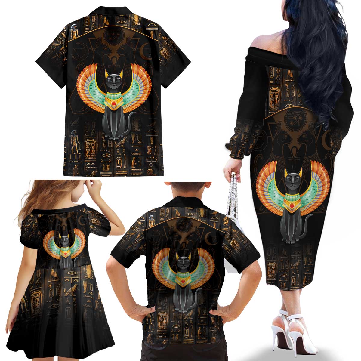 Winged Egypt Cats Family Matching Off The Shoulder Long Sleeve Dress and Hawaiian Shirt Ancient Egypt Culture - Wonder Print Shop