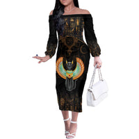 Winged Egypt Cats Family Matching Off The Shoulder Long Sleeve Dress and Hawaiian Shirt Ancient Egypt Culture - Wonder Print Shop