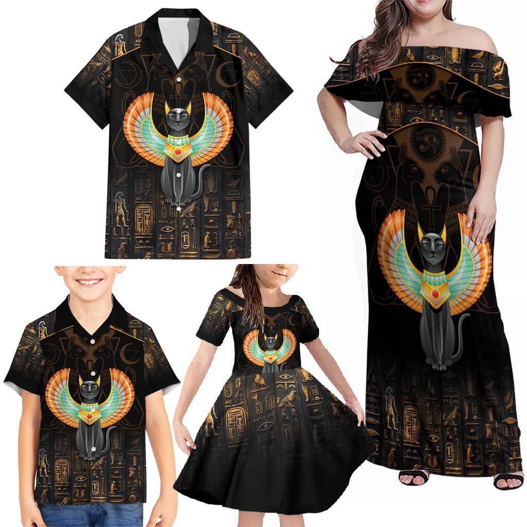 Winged Egypt Cats Family Matching Off Shoulder Maxi Dress and Hawaiian Shirt Ancient Egypt Culture LT9 - Wonder Print Shop