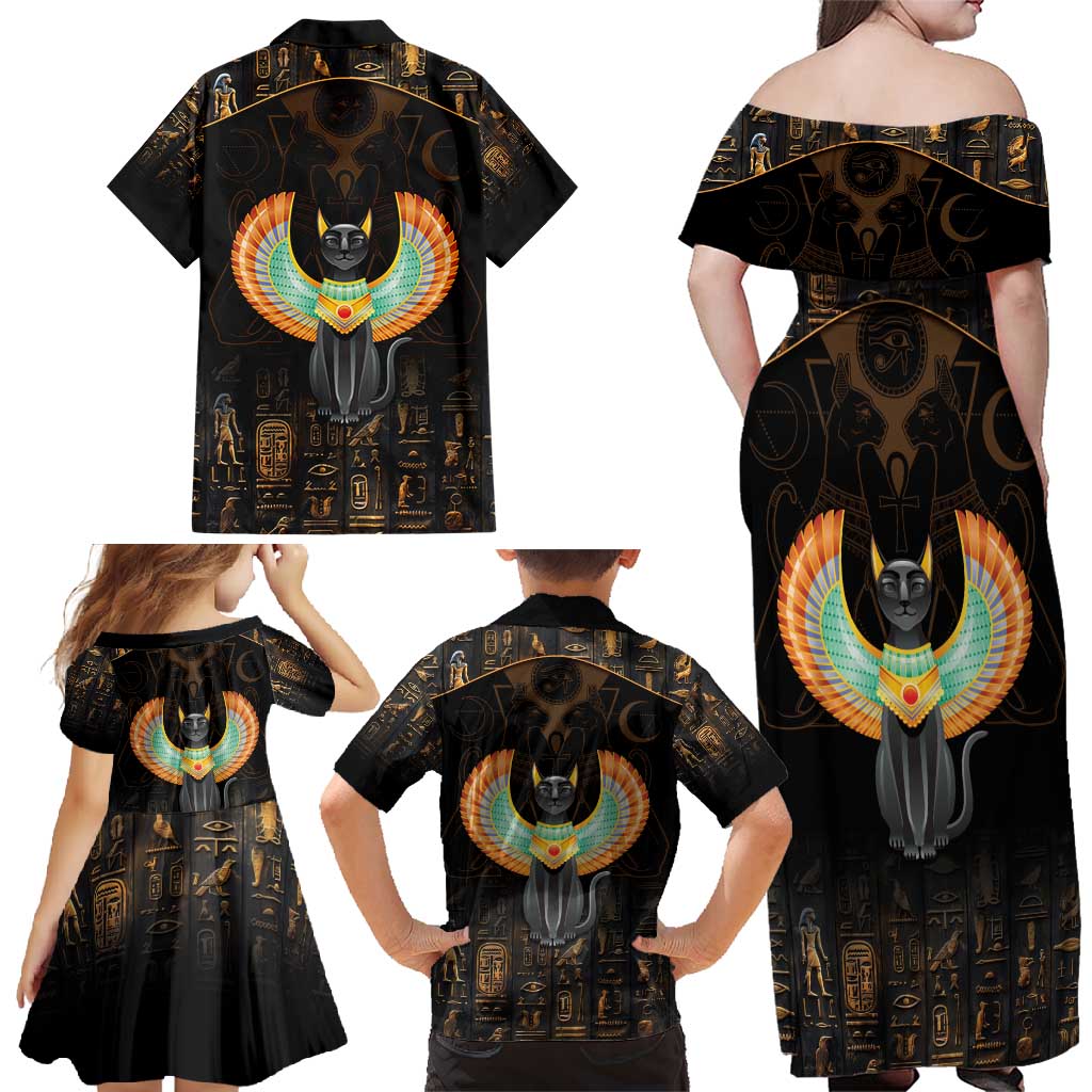 Winged Egypt Cats Family Matching Off Shoulder Maxi Dress and Hawaiian Shirt Ancient Egypt Culture LT9 - Wonder Print Shop