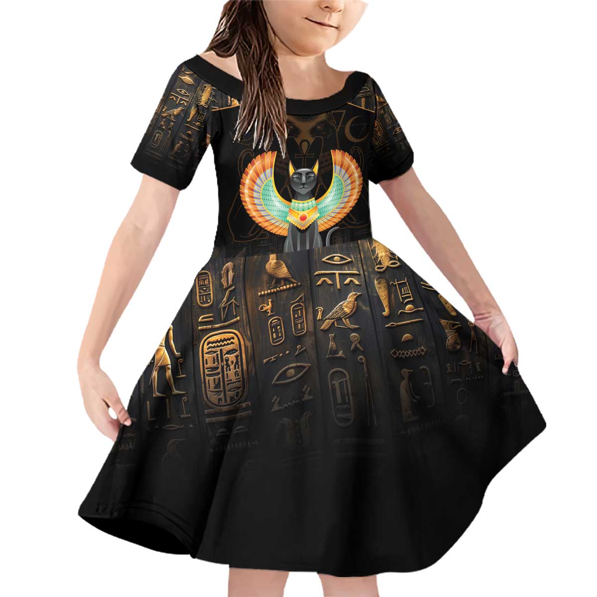 Winged Egypt Cats Family Matching Off Shoulder Short Dress and Hawaiian Shirt Ancient Egypt Culture LT9 - Wonder Print Shop