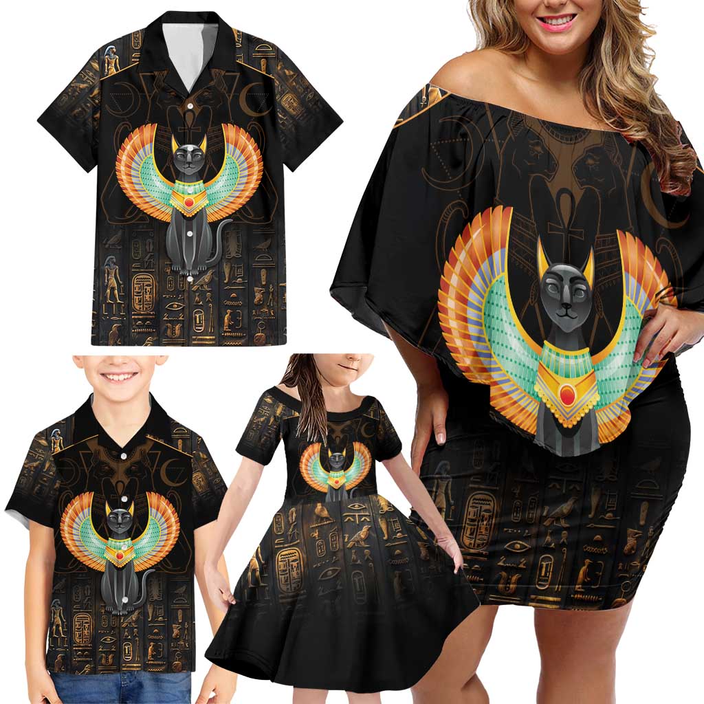 Winged Egypt Cats Family Matching Off Shoulder Short Dress and Hawaiian Shirt Ancient Egypt Culture LT9 - Wonder Print Shop