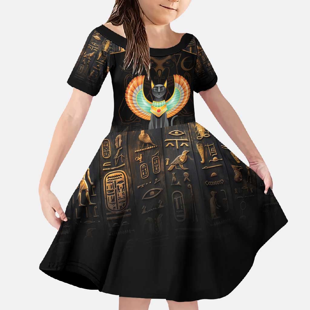 Winged Egypt Cats Family Matching Short Sleeve Bodycon Dress and Hawaiian Shirt Ancient Egypt Culture - Wonder Print Shop