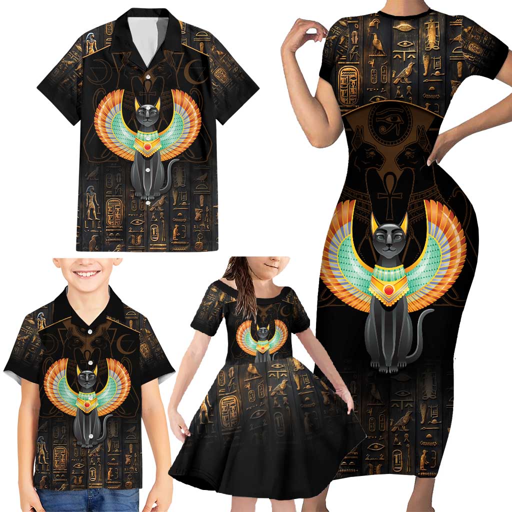 Winged Egypt Cats Family Matching Short Sleeve Bodycon Dress and Hawaiian Shirt Ancient Egypt Culture - Wonder Print Shop