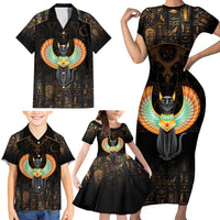Winged Egypt Cats Family Matching Short Sleeve Bodycon Dress and Hawaiian Shirt Ancient Egypt Culture - Wonder Print Shop