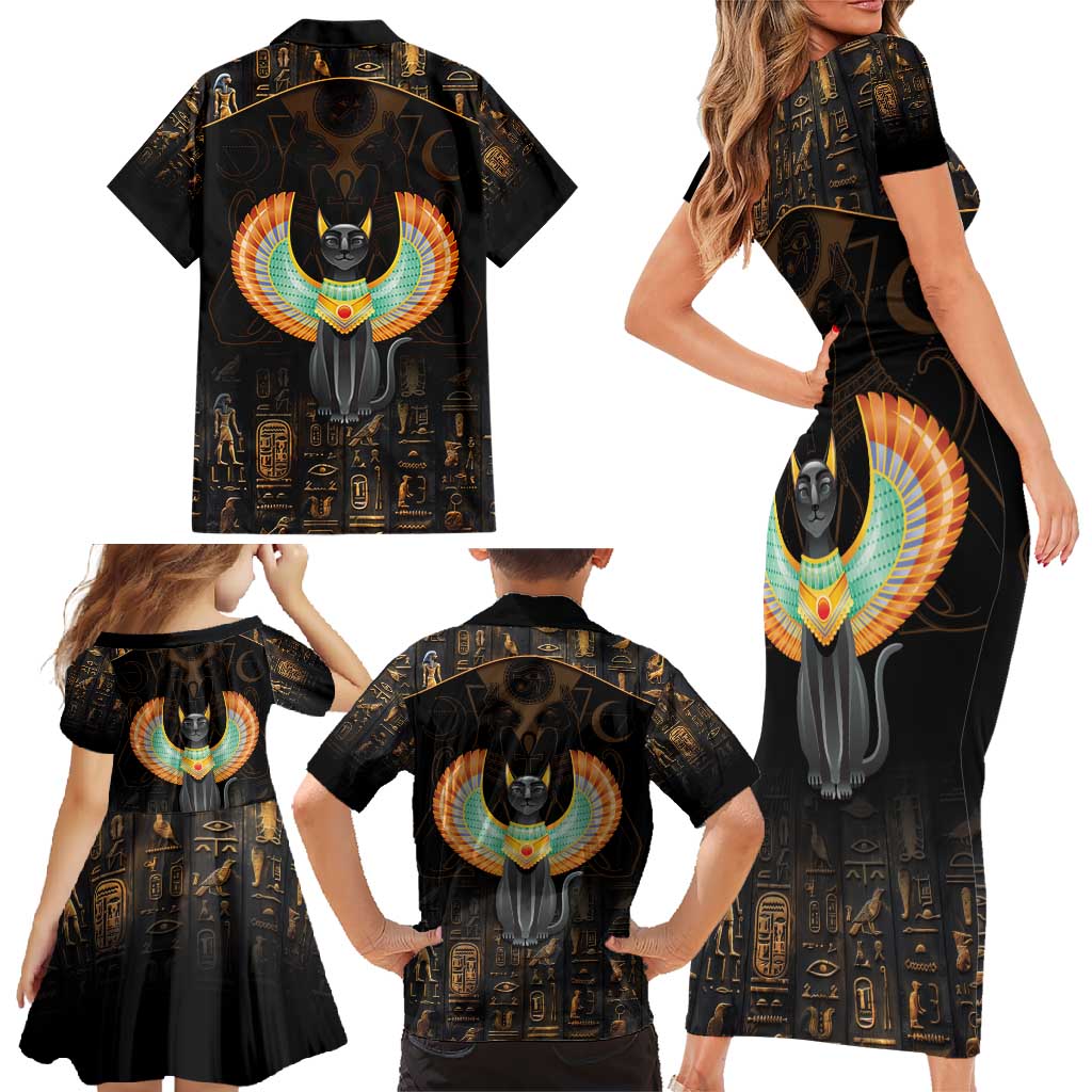 Winged Egypt Cats Family Matching Short Sleeve Bodycon Dress and Hawaiian Shirt Ancient Egypt Culture - Wonder Print Shop
