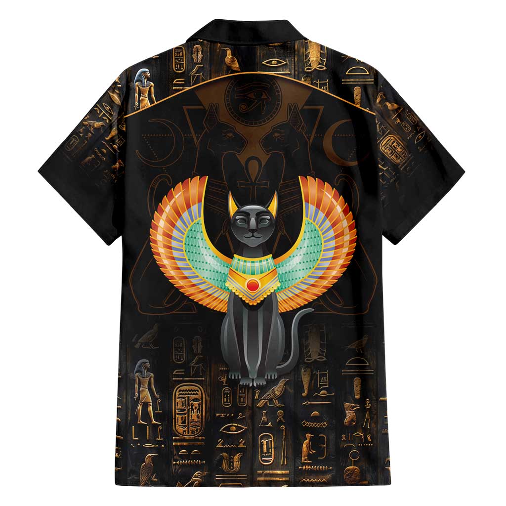 Winged Egypt Cats Family Matching Short Sleeve Bodycon Dress and Hawaiian Shirt Ancient Egypt Culture - Wonder Print Shop