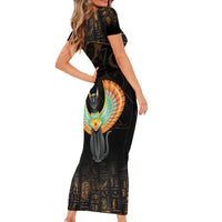 Winged Egypt Cats Family Matching Short Sleeve Bodycon Dress and Hawaiian Shirt Ancient Egypt Culture - Wonder Print Shop