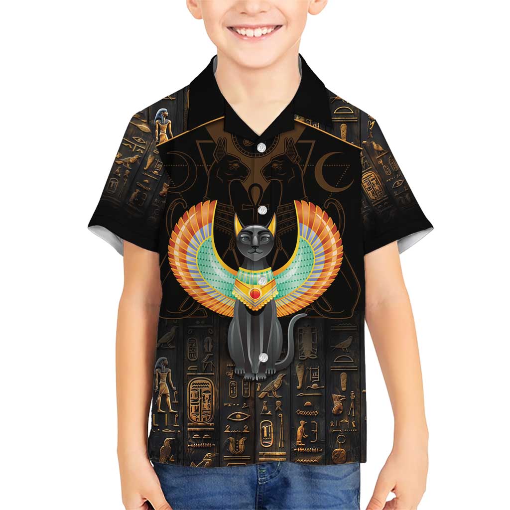Winged Egypt Cats Family Matching Short Sleeve Bodycon Dress and Hawaiian Shirt Ancient Egypt Culture - Wonder Print Shop