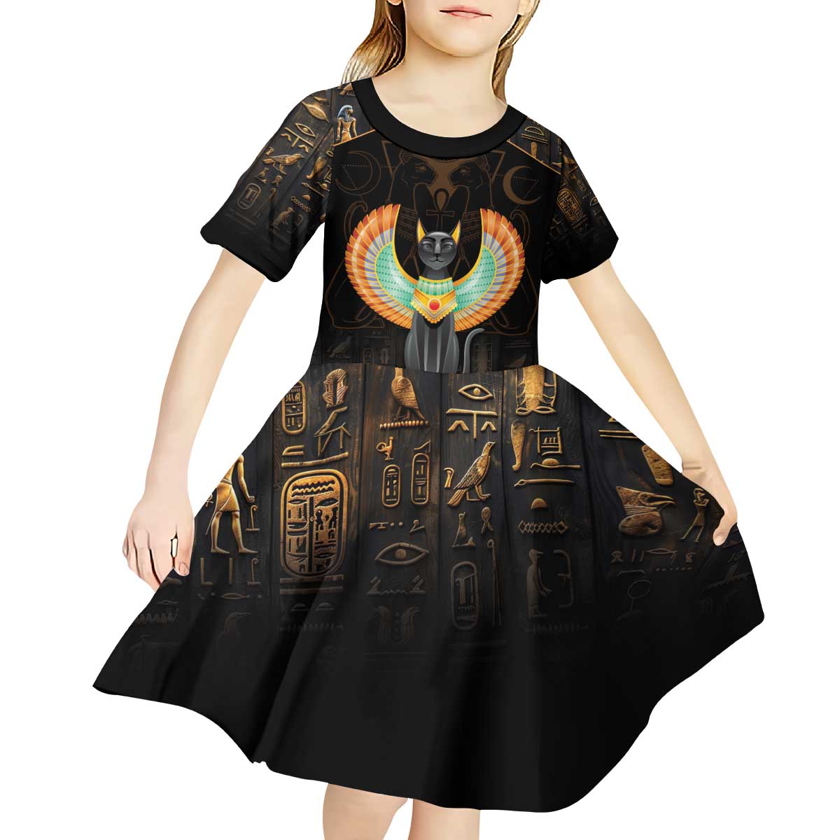 Winged Egypt Cats Kid Short Sleeve Dress Ancient Egypt Culture - Wonder Print Shop