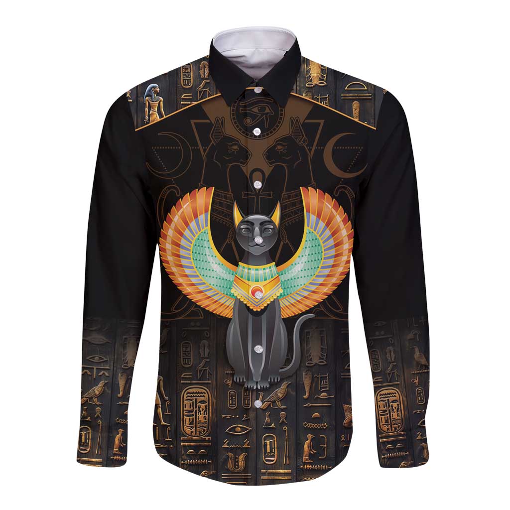 Winged Egypt Cats Long Sleeve Button Shirt Ancient Egypt Culture - Wonder Print Shop