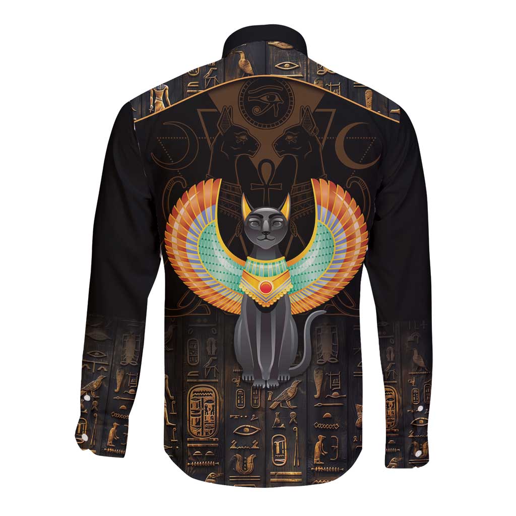 Winged Egypt Cats Long Sleeve Button Shirt Ancient Egypt Culture - Wonder Print Shop