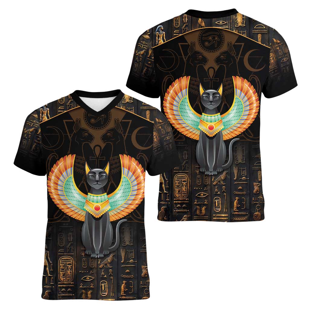Winged Egypt Cats Women V-Neck T-Shirt Ancient Egypt Culture - Wonder Print Shop