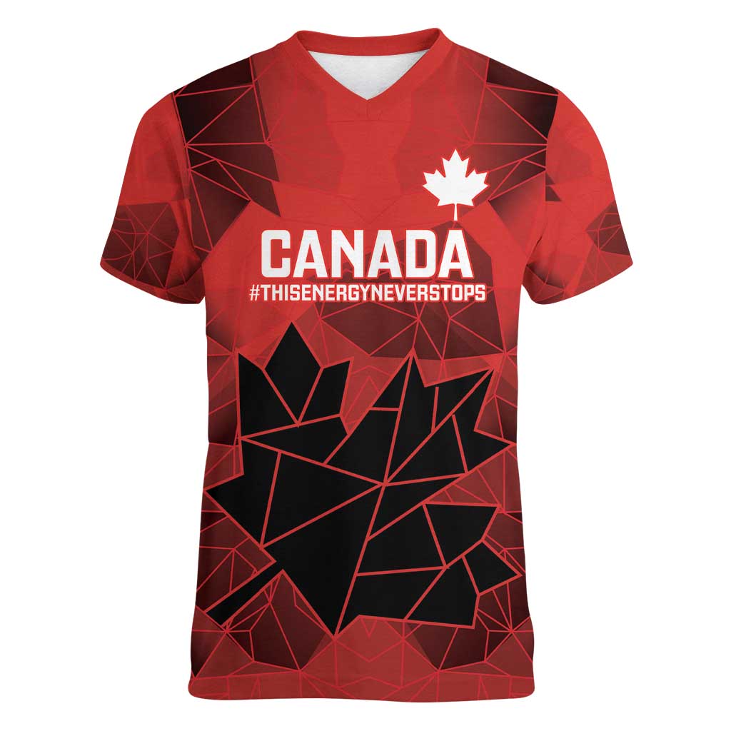 Custom Women Rugby Canada Women V-Neck T-Shirt Maple Energy Never Stops - Wonder Print Shop