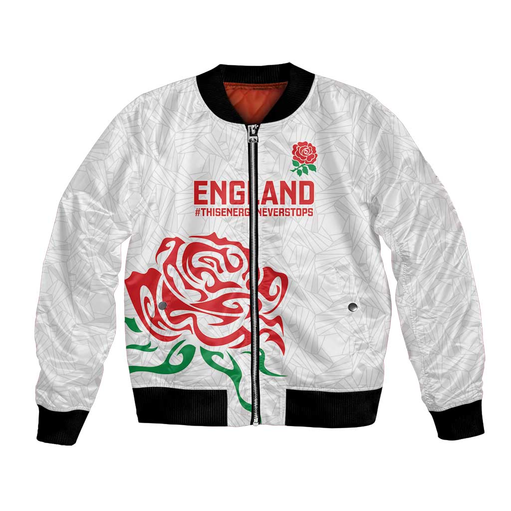Custom Women Rugby England Bomber Jacket Red Roses Energy Never Stops - Wonder Print Shop