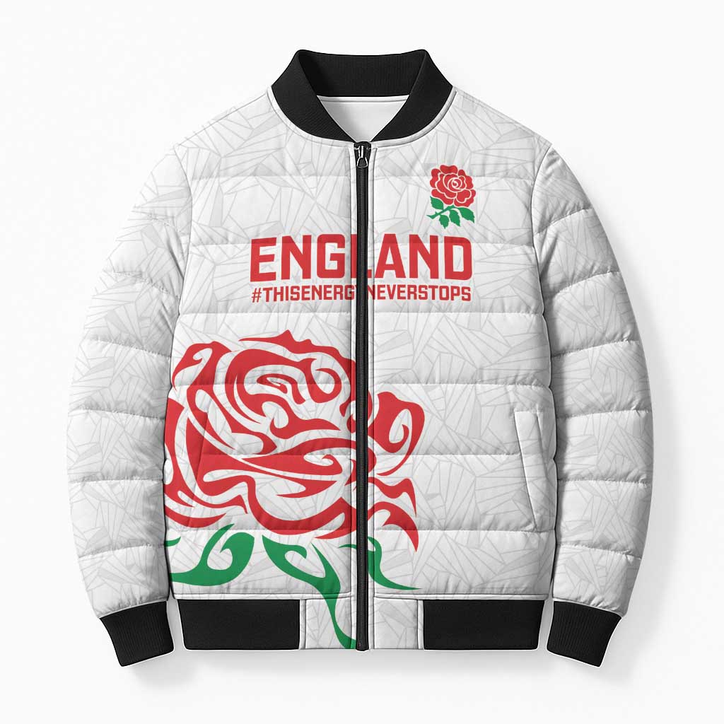 Custom Women Rugby England Bomber Puffer Jacket Red Roses Energy Never Stops - Wonder Print Shop