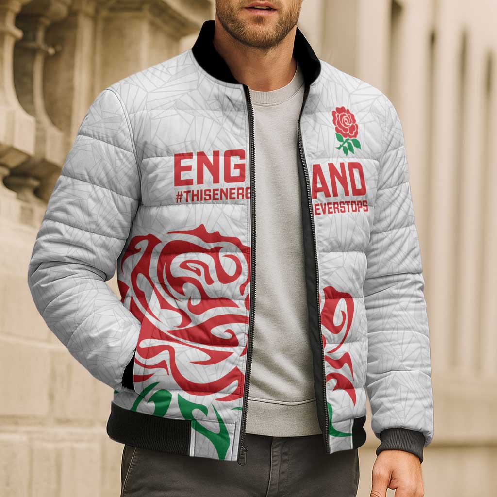 Custom Women Rugby England Bomber Puffer Jacket Red Roses Energy Never Stops - Wonder Print Shop
