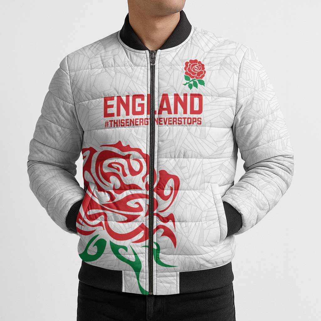 Custom Women Rugby England Bomber Puffer Jacket Red Roses Energy Never Stops - Wonder Print Shop