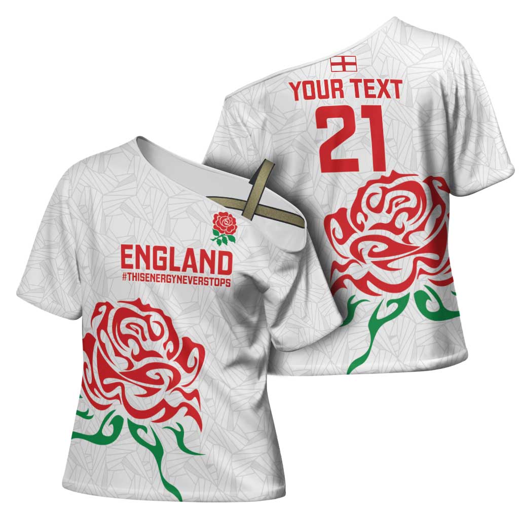 Custom Women Rugby England Cross Shoulder Shirt Red Roses Energy Never Stops - Wonder Print Shop