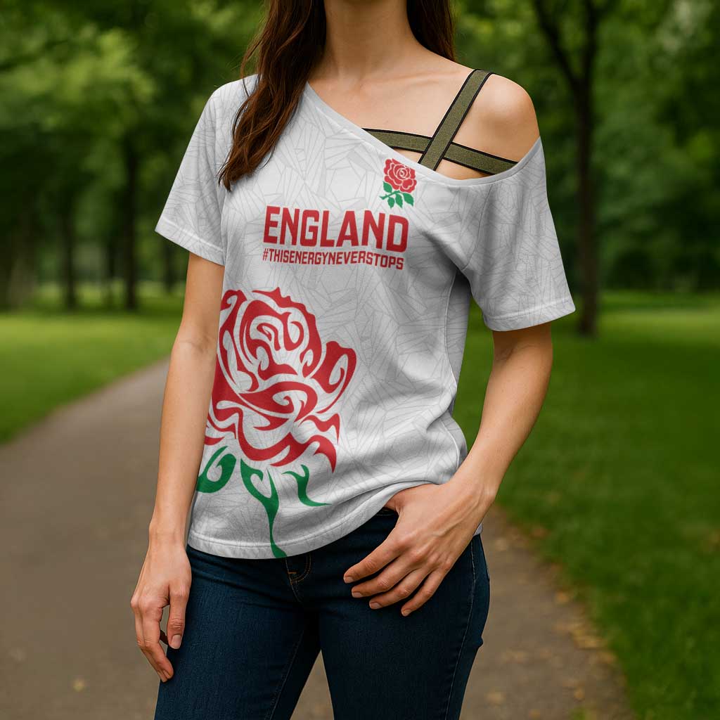 Custom Women Rugby England Cross Shoulder Shirt Red Roses Energy Never Stops - Wonder Print Shop